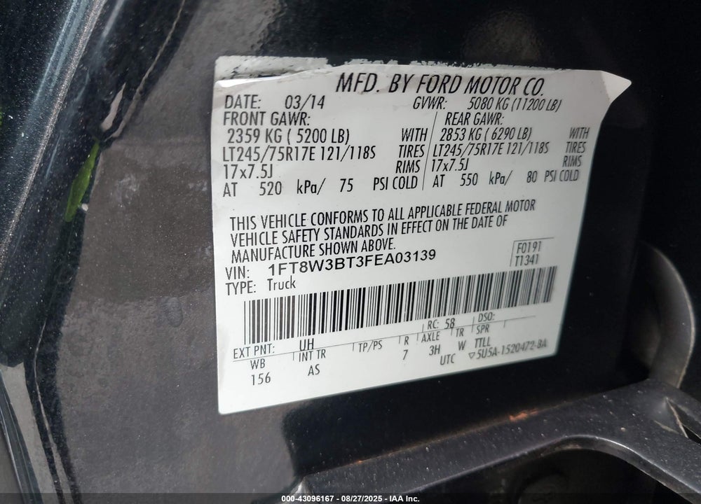 2015 FORD F350 VIN: 1FT8W3BT3FEA03139