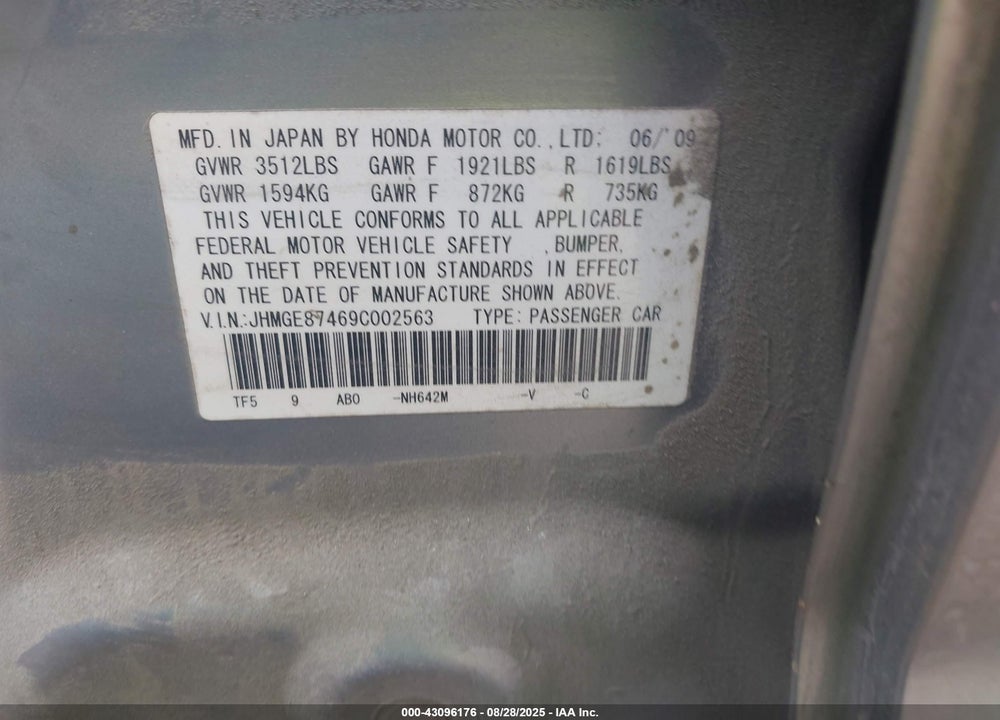 2009 HONDA FIT SPORT VIN: JHMGE87469C002563
