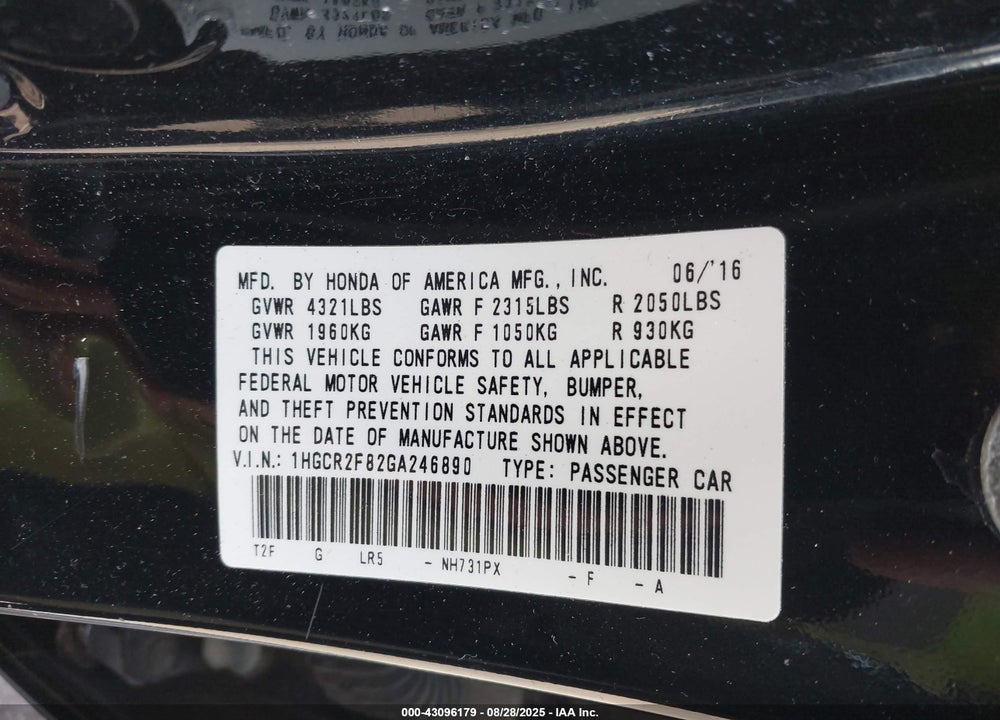 2016 HONDA ACCORD EX-L VIN: 1HGCR2F82GA246890
