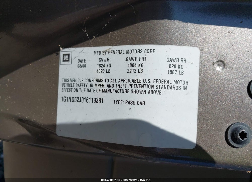2001 CHEVROLET MALIBU VIN: 1G1ND52J016119381