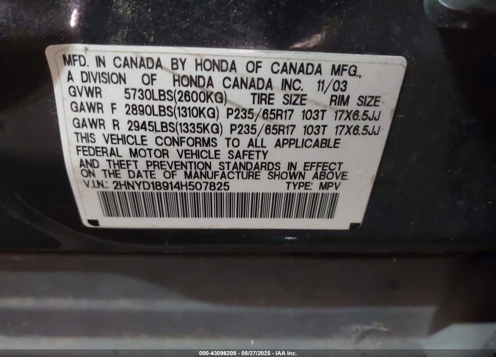 2004 ACURA MDX VIN: 2HNYD18914H507825