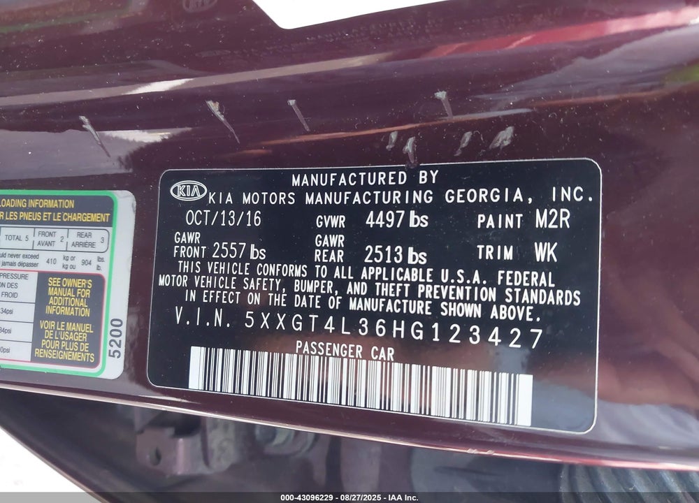 2017 KIA OPTIMA VIN: 5XXGT4L36HG123427