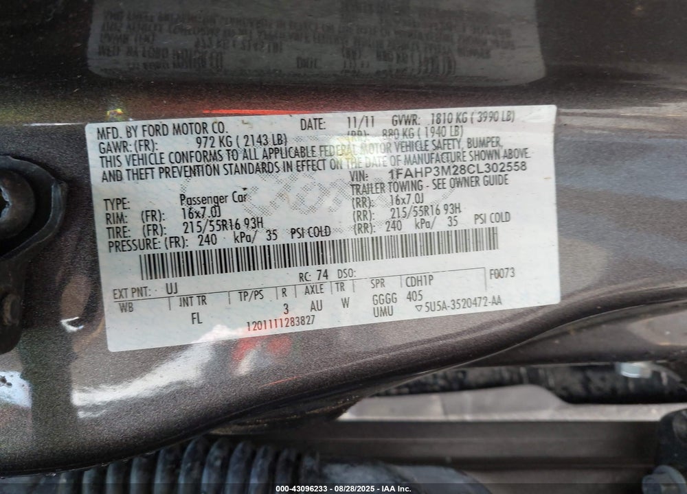 2012 FORD FOCUS VIN: 1FAHP3M28CL302558