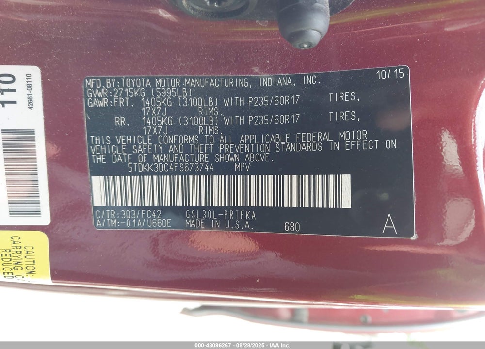 2015 TOYOTA SIENNA VIN: 5TDKK3DC4FS673744