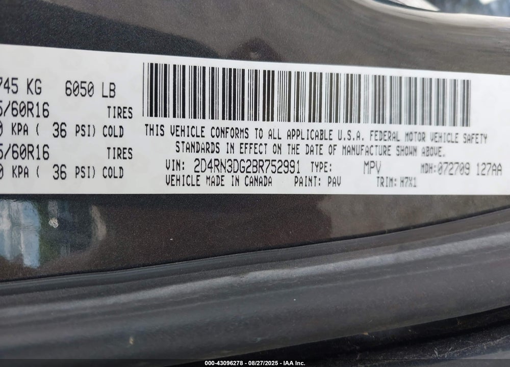 2011 DODGE GRAND CARAVAN MAINSTREET VIN: 2D4RN3DG2BR752991