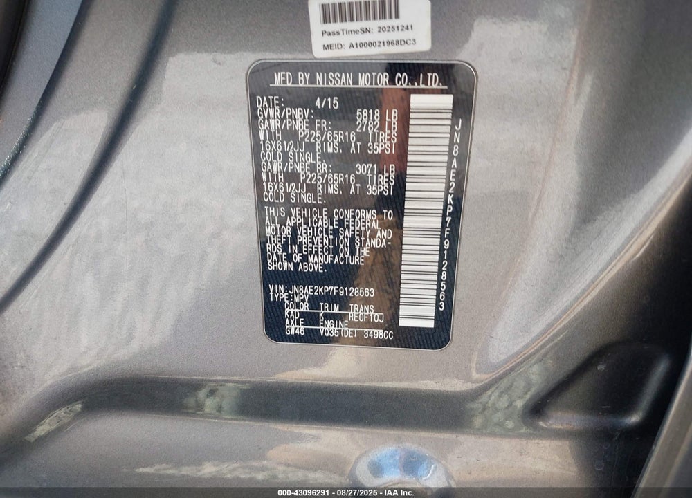 2015 NISSAN QUEST S VIN: JN8AE2KP7F9128563