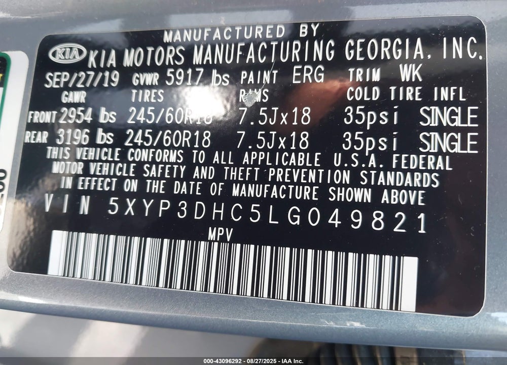 2020 KIA TELLURIDE VIN: 5XYP3DHC5LG049821