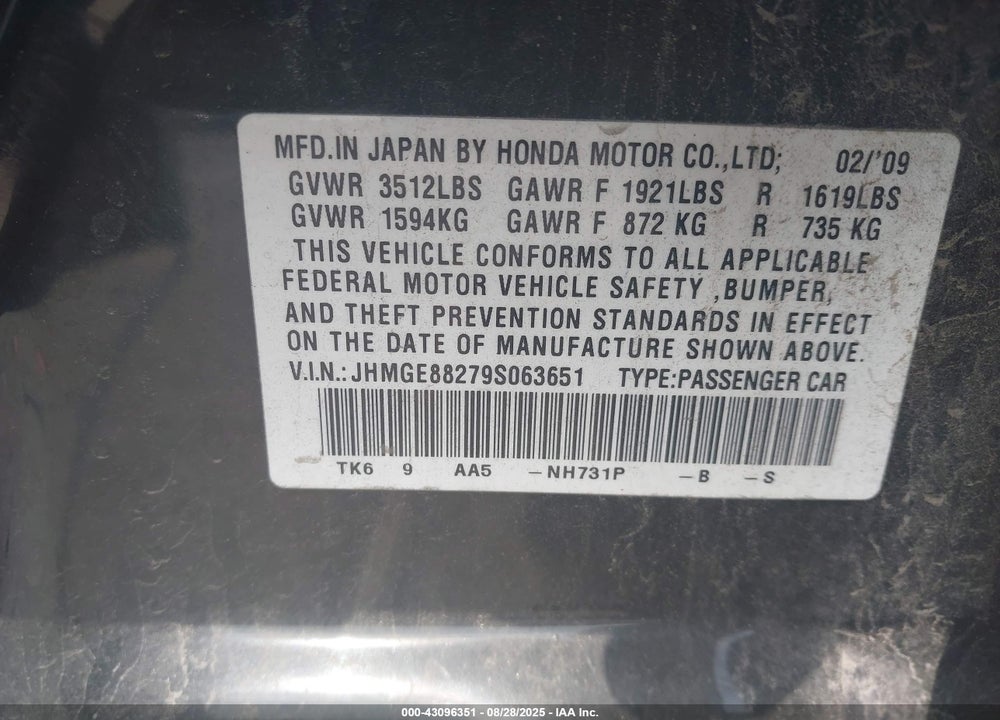 2009 HONDA FIT VIN: JHMGE88279S063651