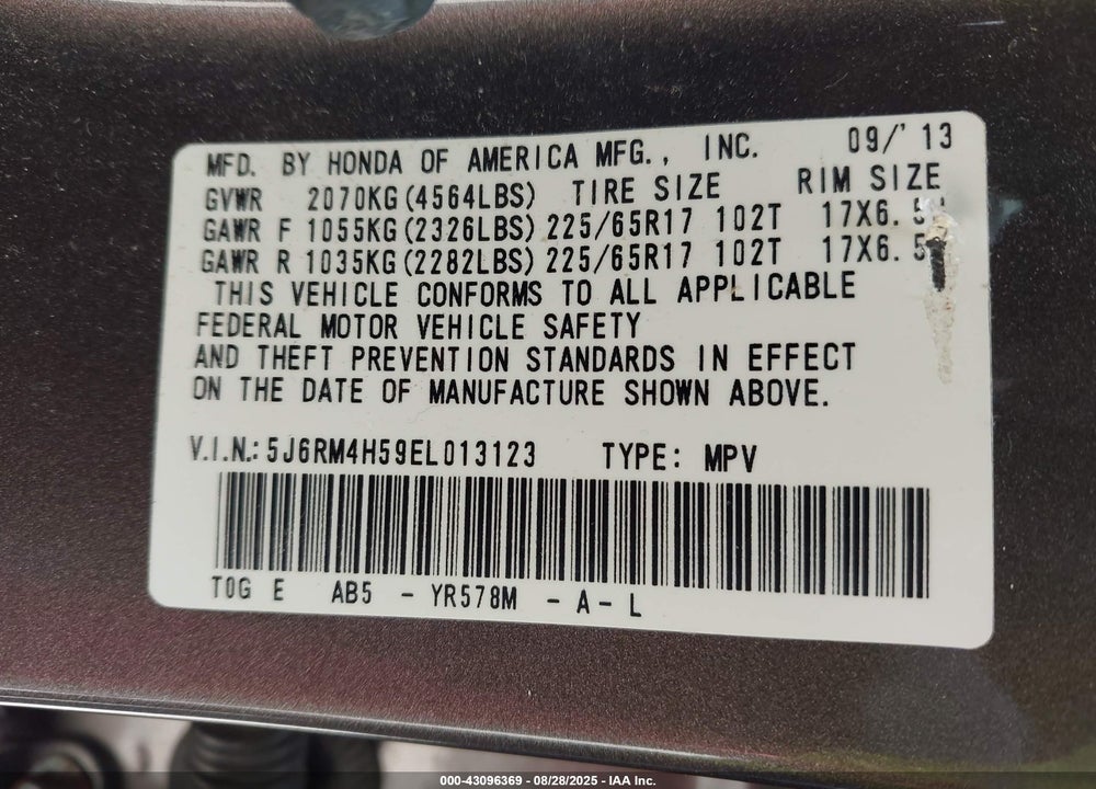 2014 HONDA CR-V VIN: 5J6RM4H59EL013123