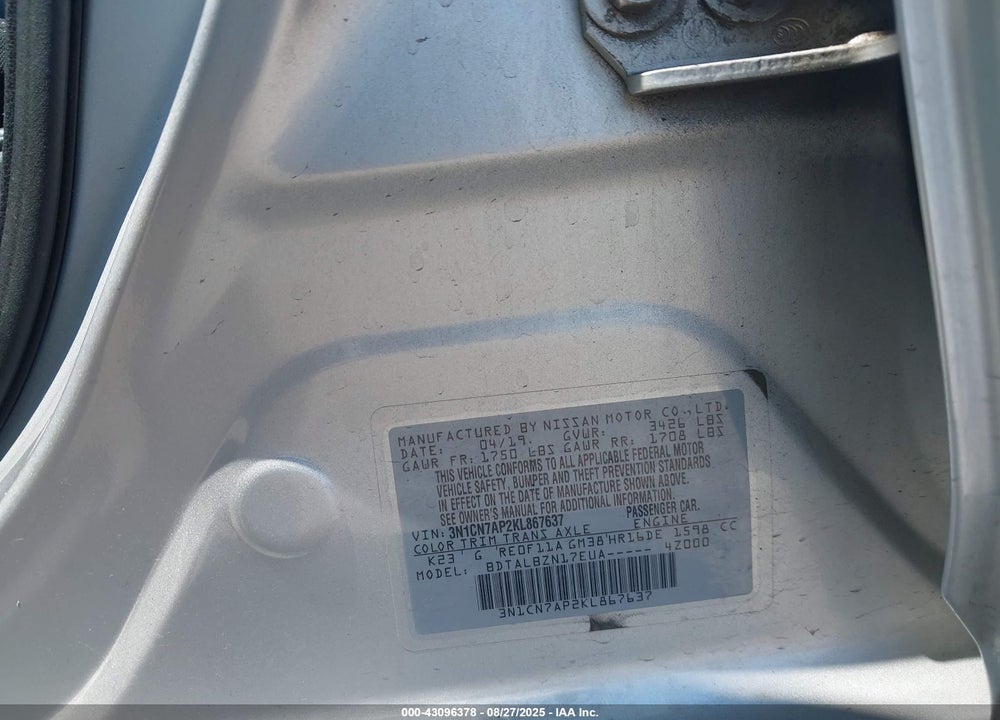2019 NISSAN VERSA VIN: 3N1CN7AP2KL867637