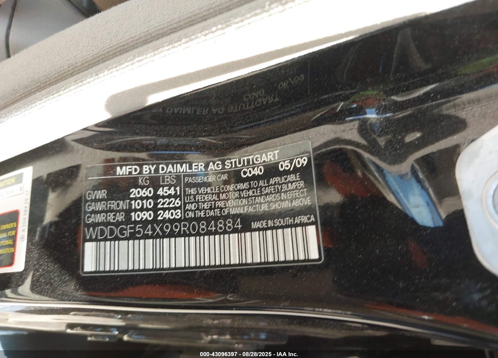 2009 MERCEDES-BENZ C CLASS VIN: WDDGF54X99R084884