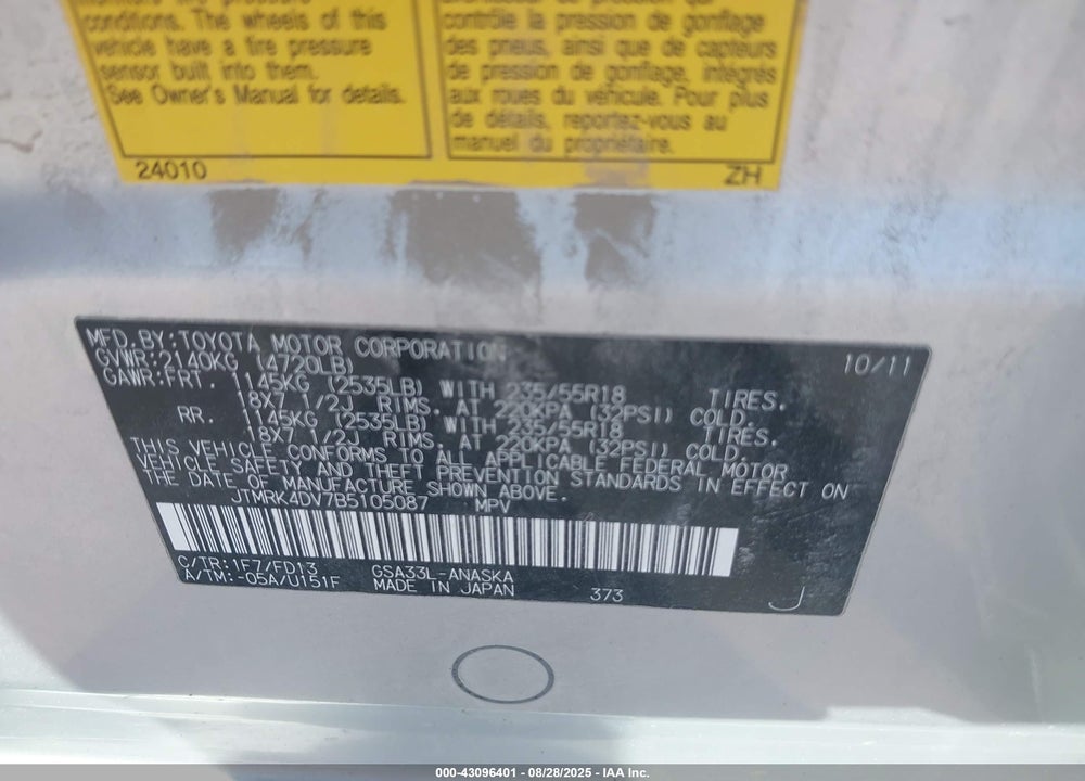 2011 TOYOTA RAV4 VIN: JTMRK4DV7B5105087