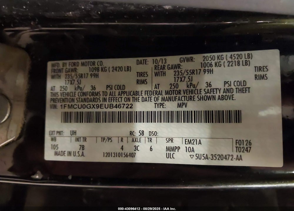 2014 FORD ESCAPE VIN: 1FMCU0GX9EUB46722