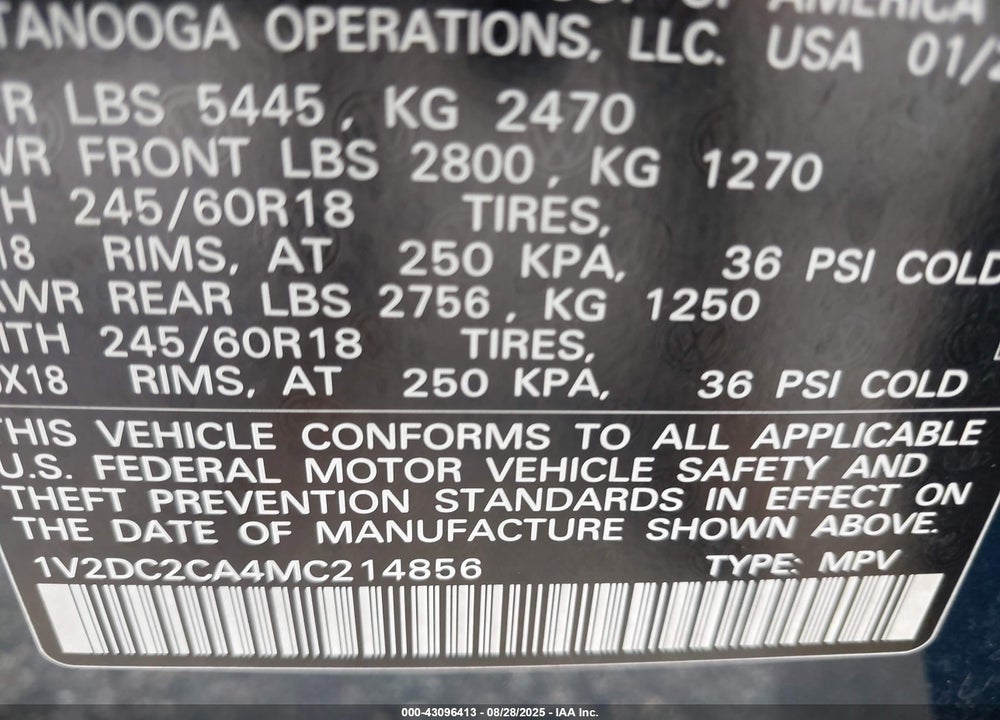2021 VOLKSWAGEN ATLAS CROSS SPORT VIN: 1V2DC2CA4MC214856