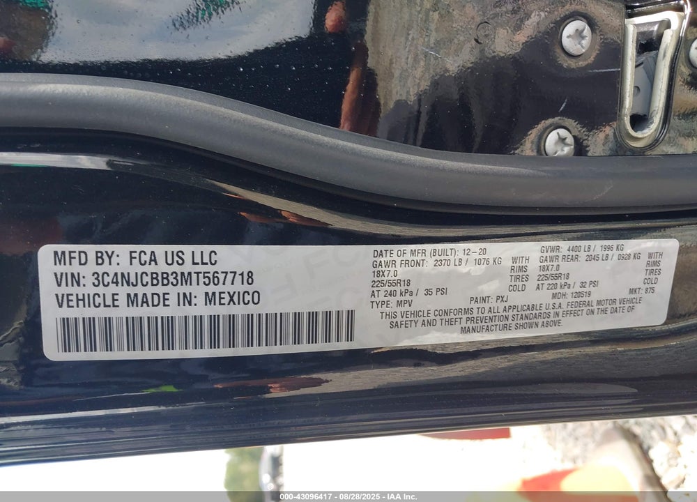 2021 JEEP COMPASS ALTITUDE FWD VIN: 3C4NJCBB3MT567718