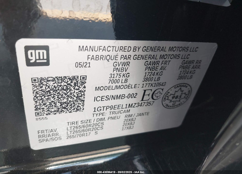 2021 GMC SIERRA 1500 VIN: 1GTP9EEL1MZ347357