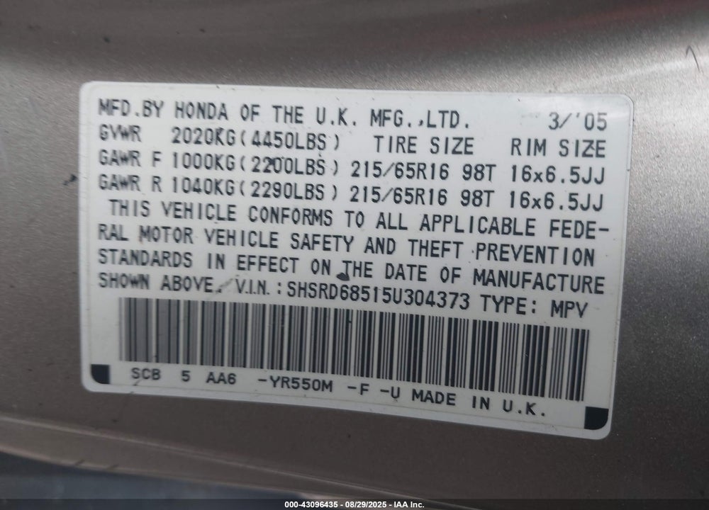 2005 HONDA CR-V LX VIN: SHSRD68515U304373
