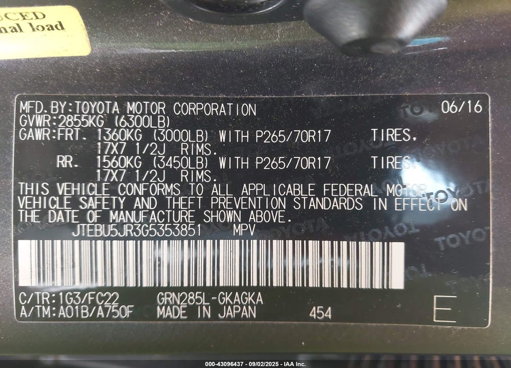 2016 TOYOTA 4RUNNER VIN: JTEBU5JR3G5353851