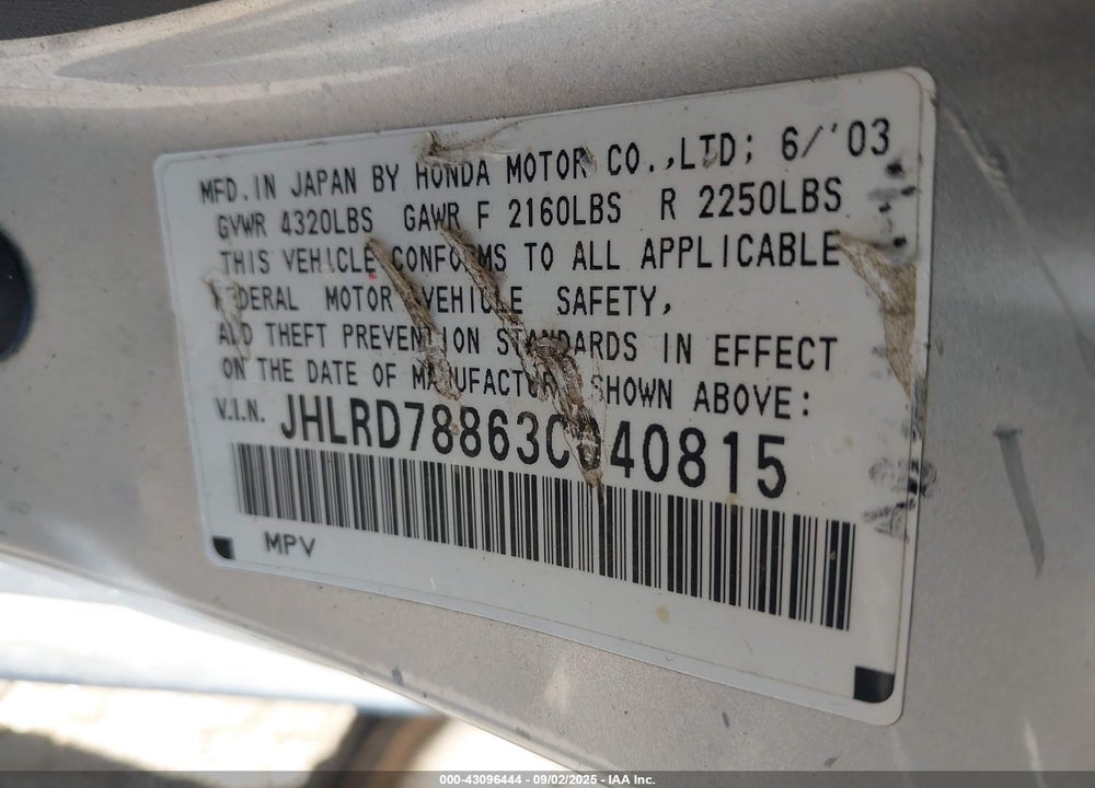 2003 HONDA CR-V EX VIN: JHLRD78863C040815