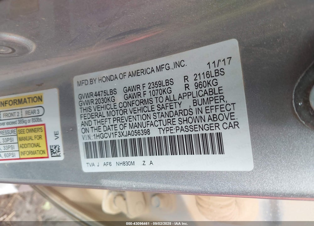2018 HONDA ACCORD VIN: 1HGCV1F3XJA056398