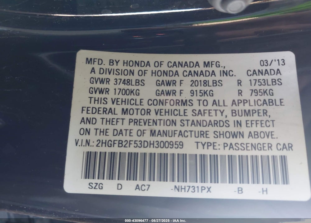 2013 HONDA CIVIC VIN: 2HGFB2F53DH300959