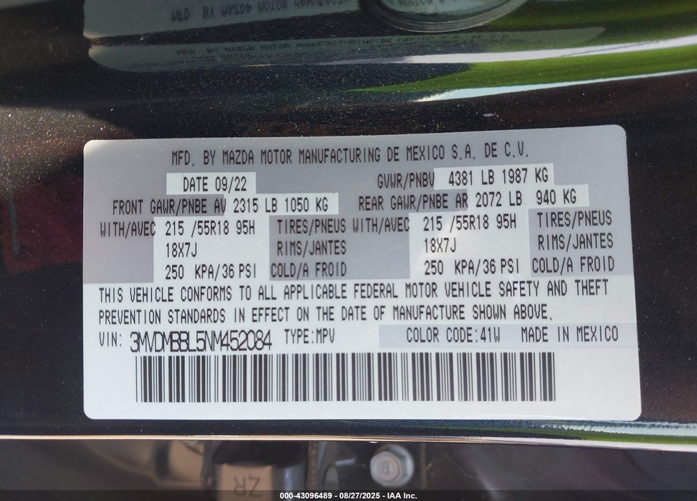 2022 MAZDA CX-30 VIN: 3MVDMBBL5NM452084