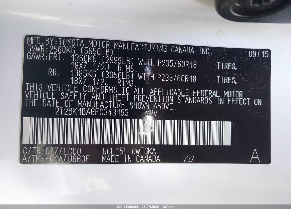 2015 LEXUS RX 350 VIN: 2T2BK1BA6FC343193