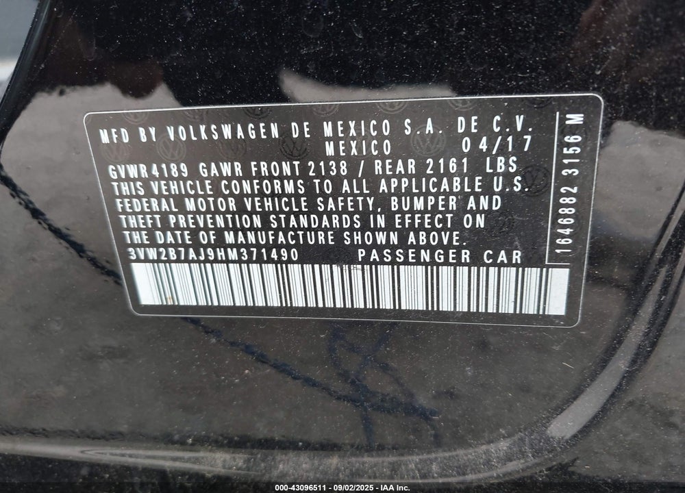 2017 VOLKSWAGEN JETTA VIN: 3VW2B7AJ9HM371490