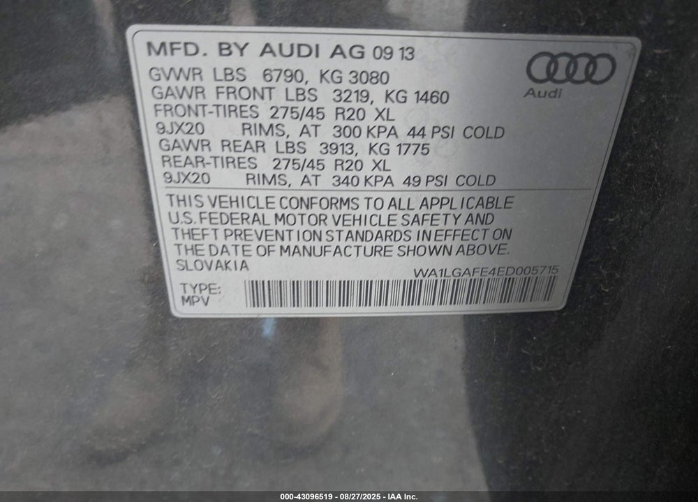 2014 AUDI Q7 VIN: WA1LGAFE4ED005715