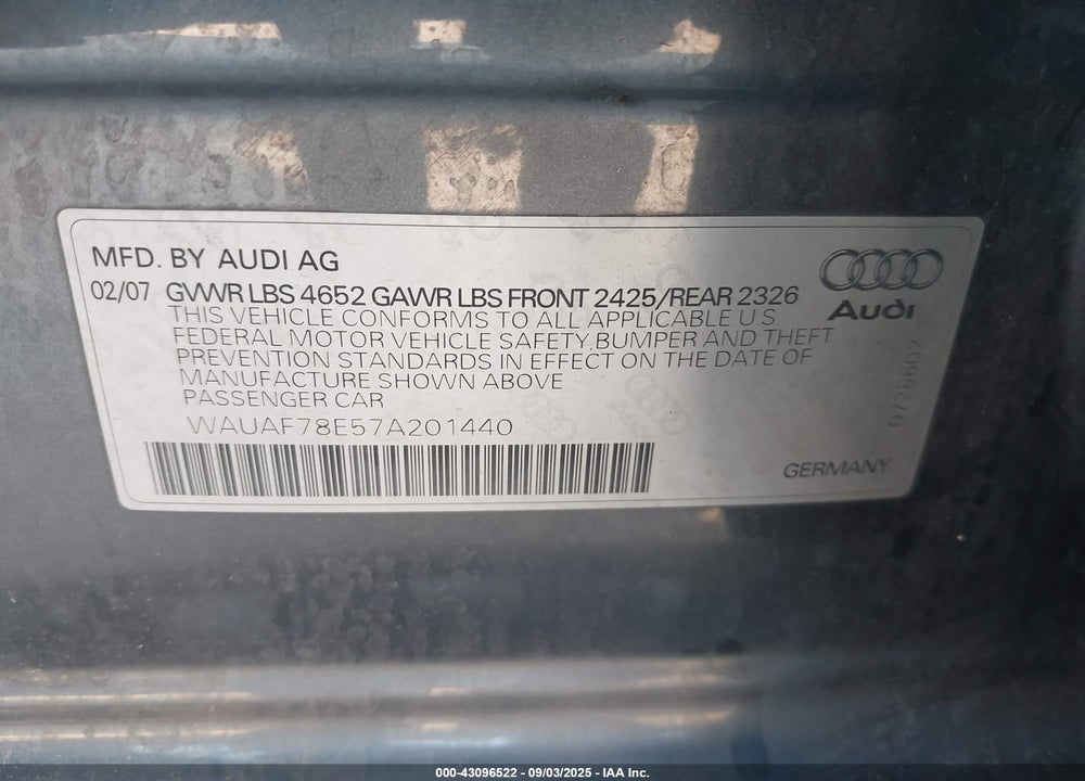2007 AUDI A4 2.0T VIN: WAUAF78E57A201440