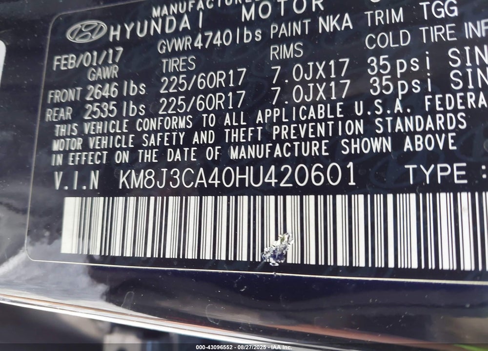 2017 HYUNDAI TUCSON VIN: KM8J3CA40HU420601