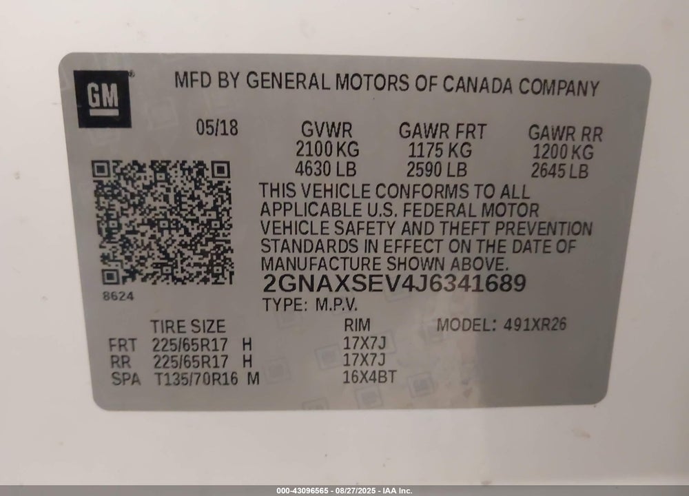 2018 CHEVROLET EQUINOX VIN: 2GNAXSEV4J6341689