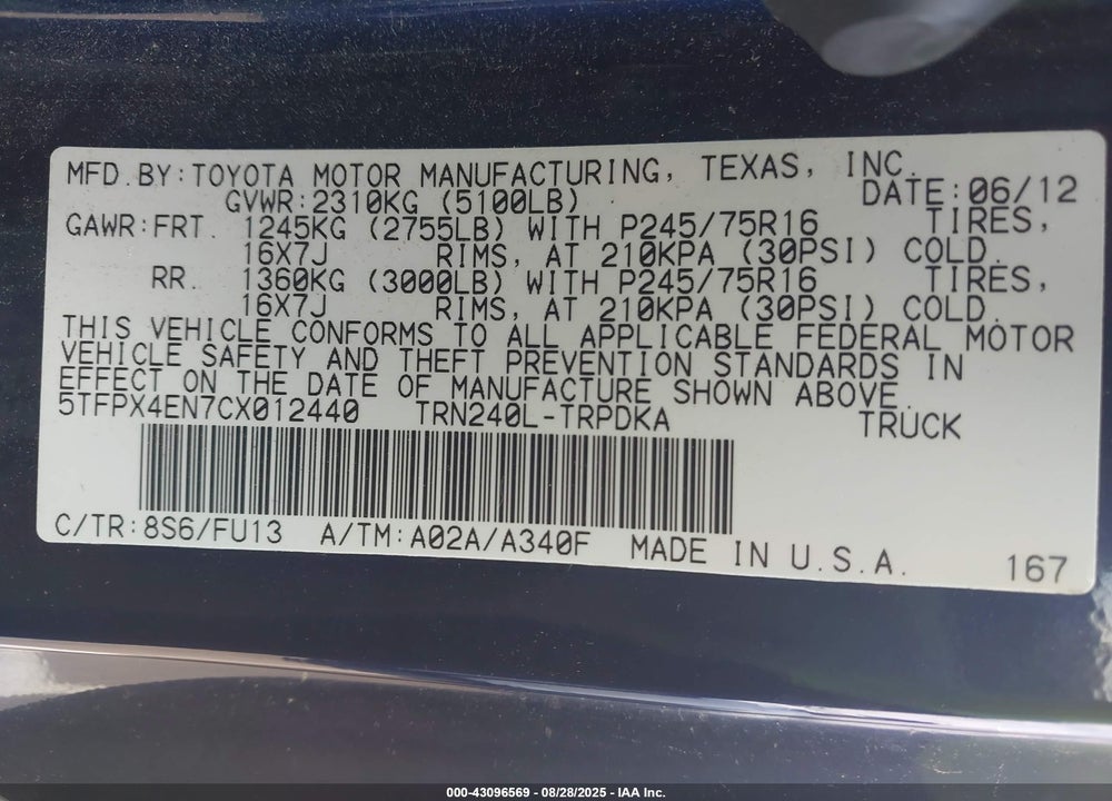 2012 TOYOTA TACOMA VIN: 5TFPX4EN7CX012440