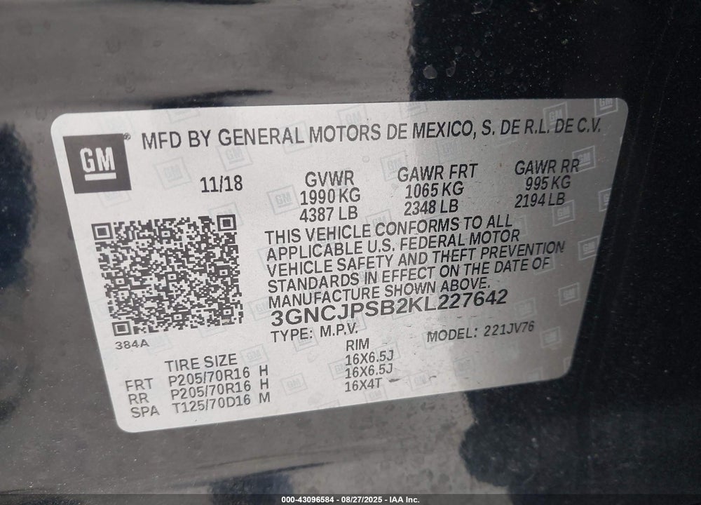 2019 CHEVROLET TRAX VIN: 3GNCJPSB2KL227642