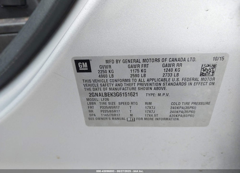 2016 CHEVROLET EQUINOX LS VIN: 2GNALBEK3G6151621