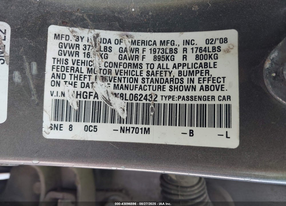 2008 HONDA CIVIC EX VIN: 1HGFA168X8L062432