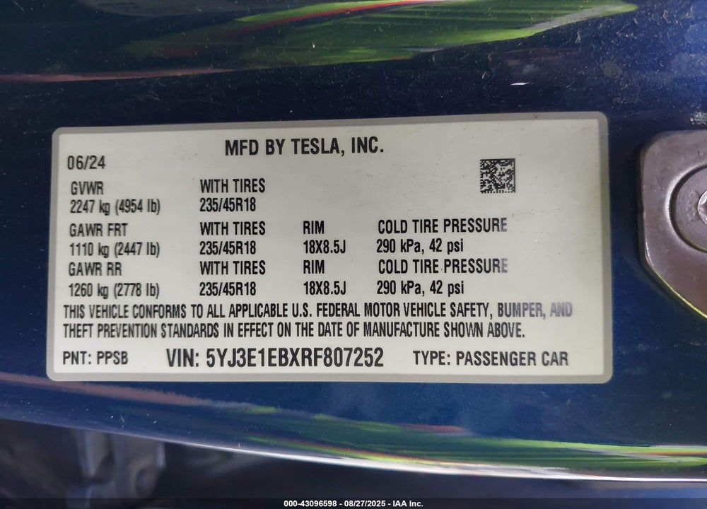 2024 TESLA MODEL 3 VIN: 5YJ3E1EBXRF807252