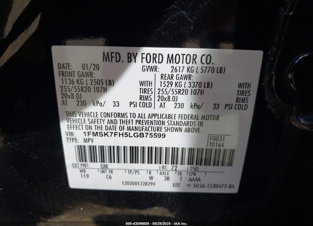 2020 FORD EXPLORER VIN: 1FMSK7FH5LGB75599