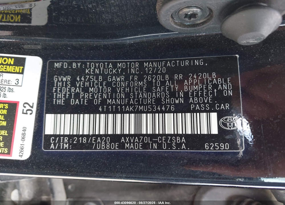2021 TOYOTA CAMRY VIN: 4T1T11AK7MU534476