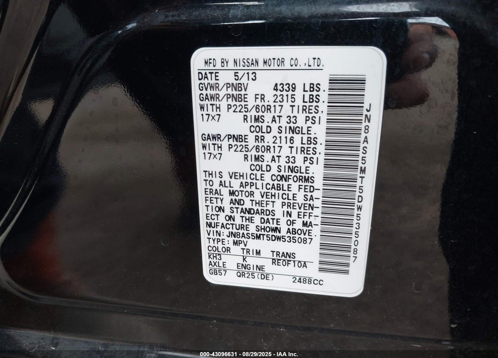 2013 NISSAN ROGUE VIN: JN8AS5MT5DW535087
