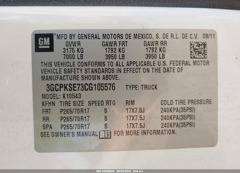 2012 CHEVROLET SILVERADO 1500 VIN: 3GCPKSE73CG105576