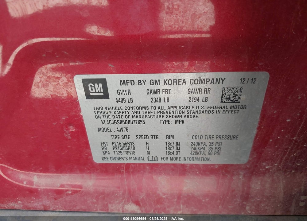 2013 BUICK ENCORE VIN: KL4CJGSB6DB077655