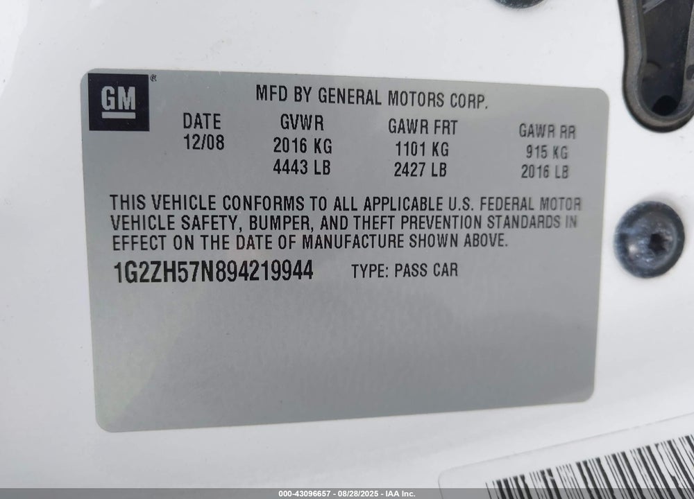 2009 PONTIAC G6 VIN: 1G2ZH57N894219944