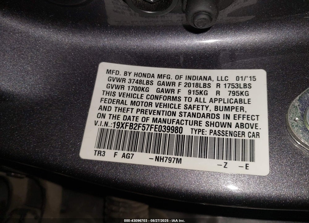 2015 HONDA CIVIC VIN: 19XFB2F57FE039980