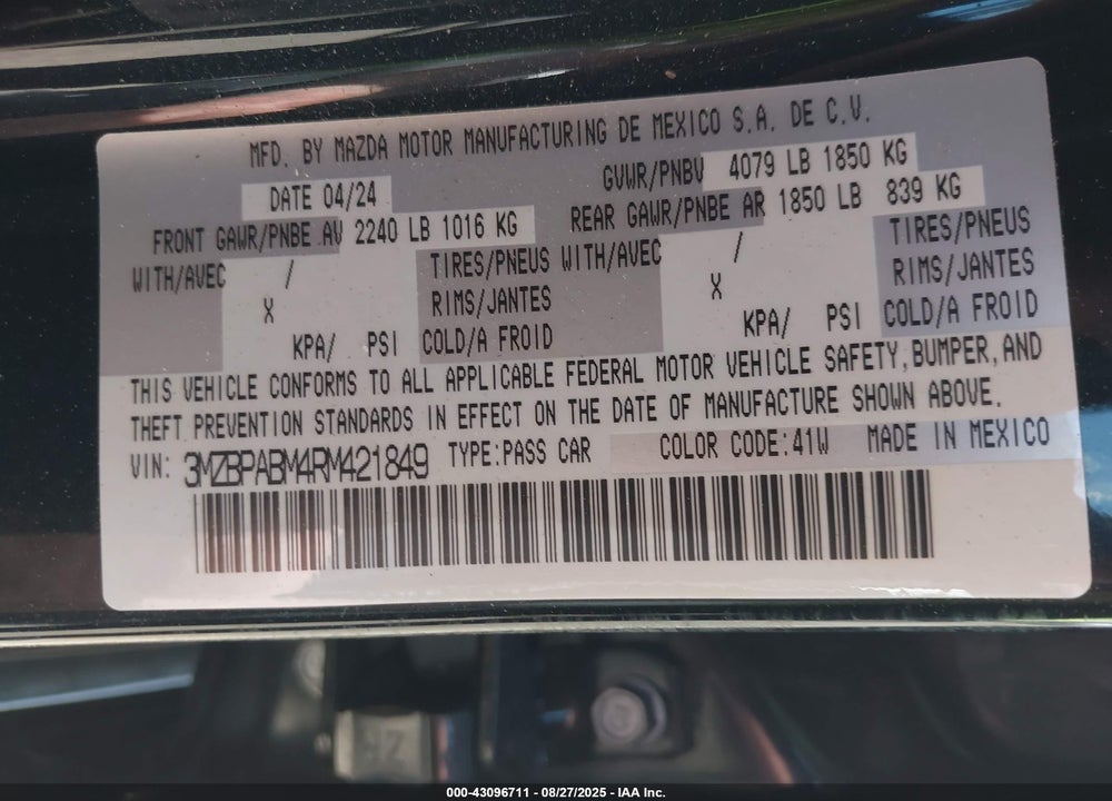 2024 MAZDA 3 2.5 S SELECT SPORT VIN: 3MZBPABM4RM421849
