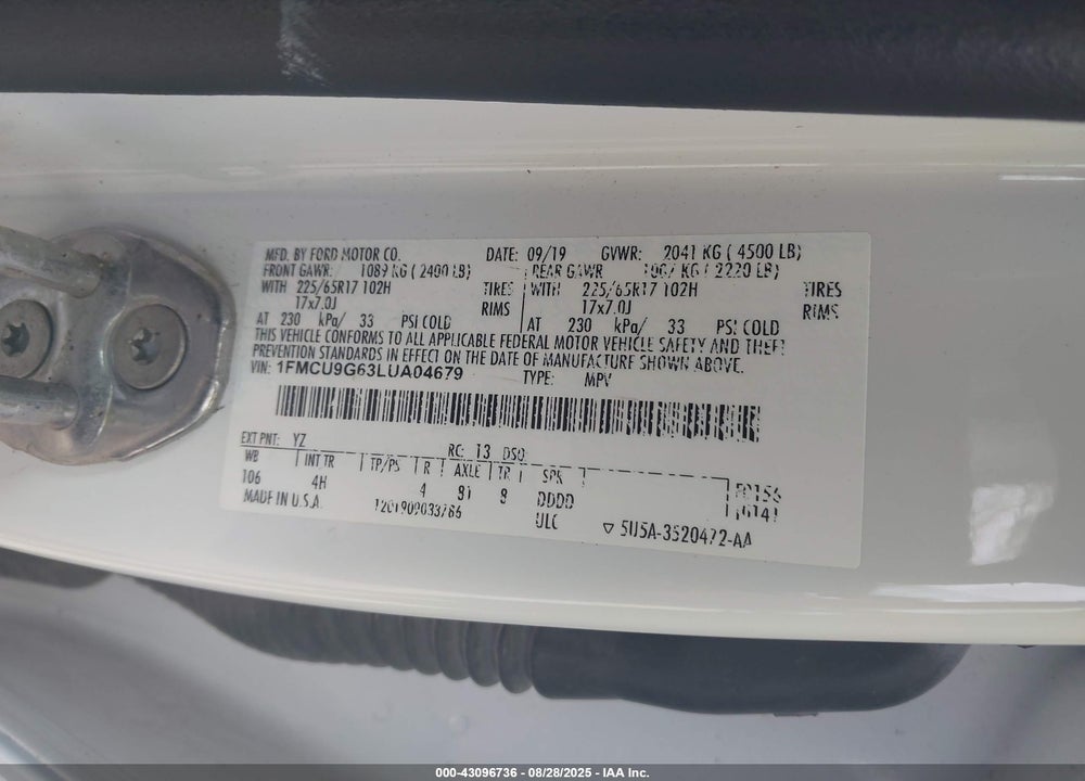 2020 FORD ESCAPE VIN: 1FMCU9G63LUA04679