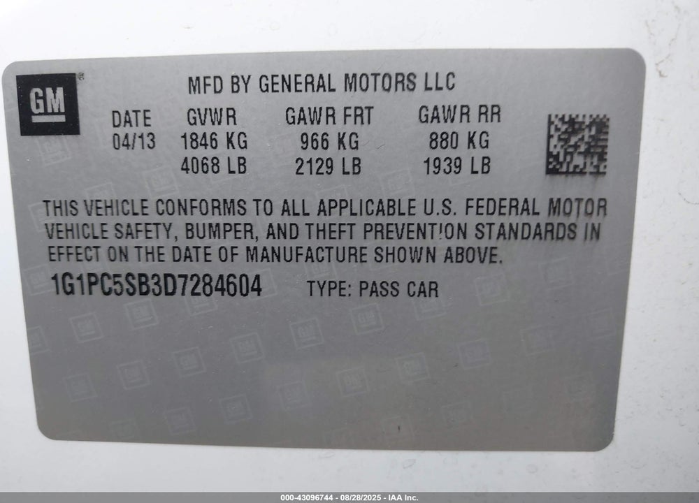 2013 CHEVROLET CRUZE VIN: 1G1PC5SB3D7284604