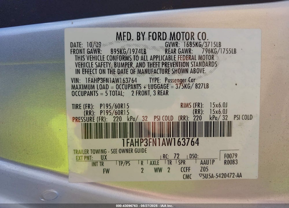 2010 FORD FOCUS VIN: 1FAHP3FN1AW163764
