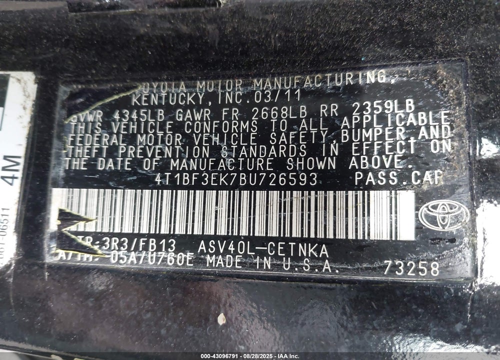2011 TOYOTA CAMRY VIN: 4T1BF3EK7BU726593