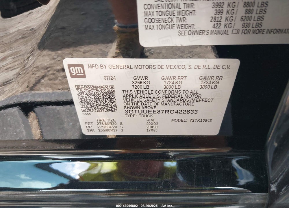 2024 GMC SIERRA 1500 VIN: 3GTUUEE87RG422633